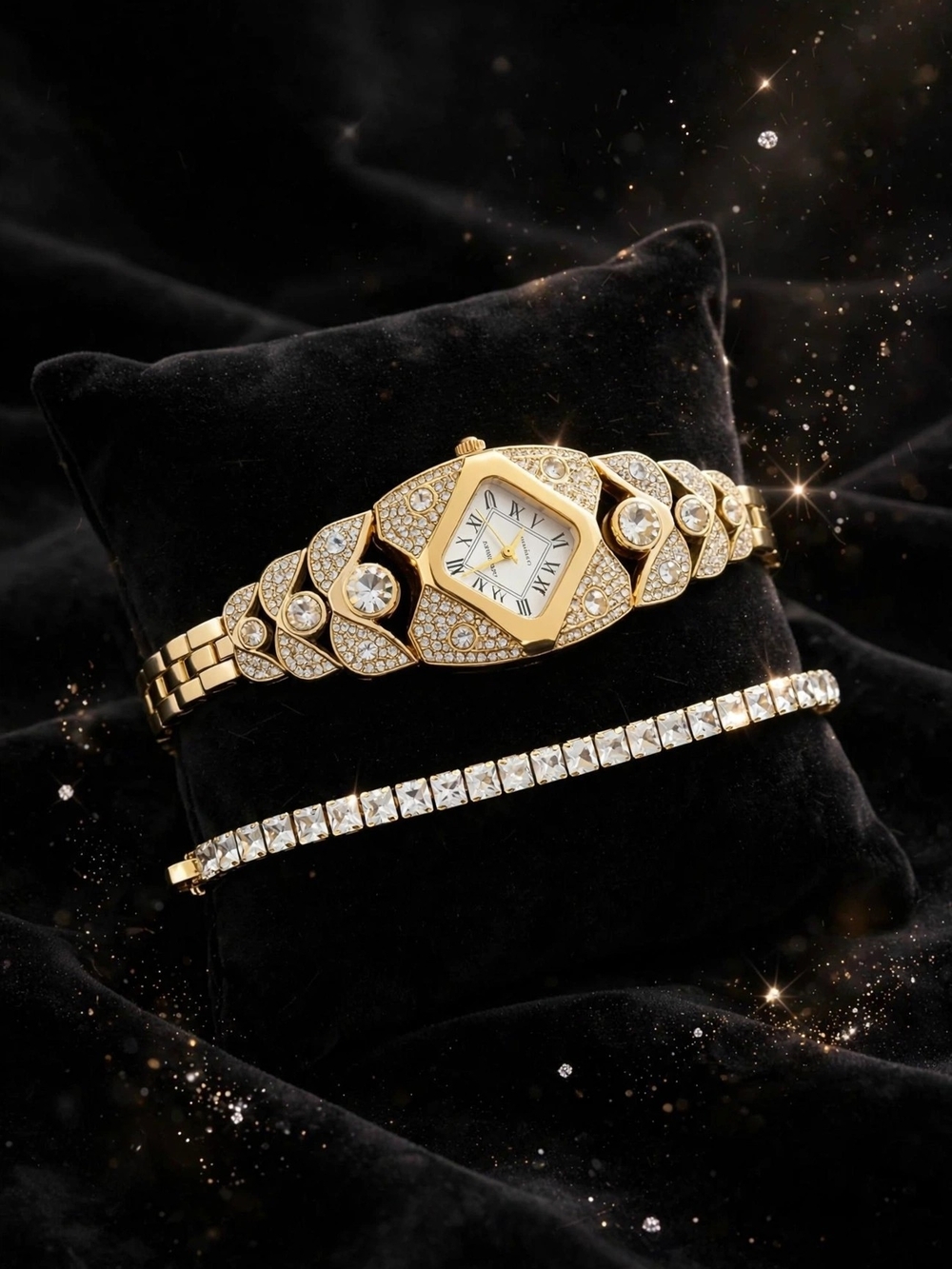 Gold Crystal-Accent Ladies Bracelet Watch with Matching Tennis Bracelet